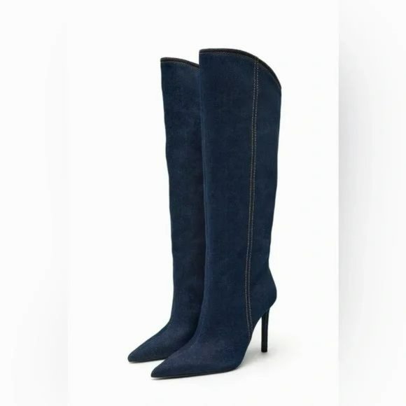 ZARA HEELED DENIM KNEE HIGH BOOTS NWT